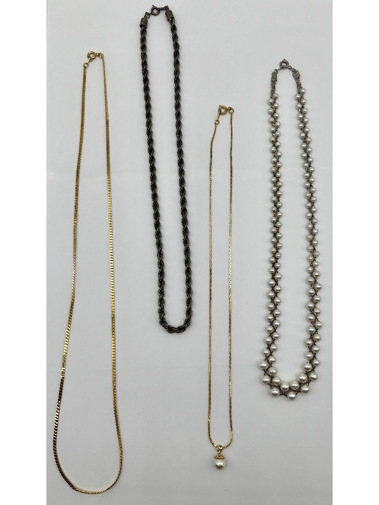 Lot Of Four Vintage Gold-Tone Metal And Silver-Tone Metal Necklaces, Faux Pearls